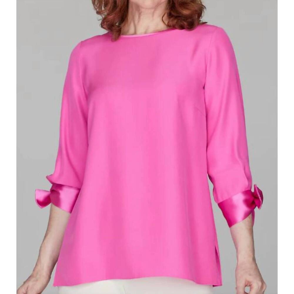 NEW EMMELLE silk 3/4 sleeve blouse with satin tie cuffs in bubblegum
